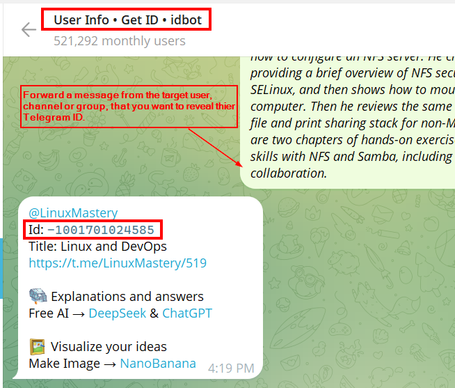 Telegram bot interface labeled ‘User Info • Get ID • idbot’ displaying a forwarded message and revealing the associated Telegram ID and channel details for the original source.