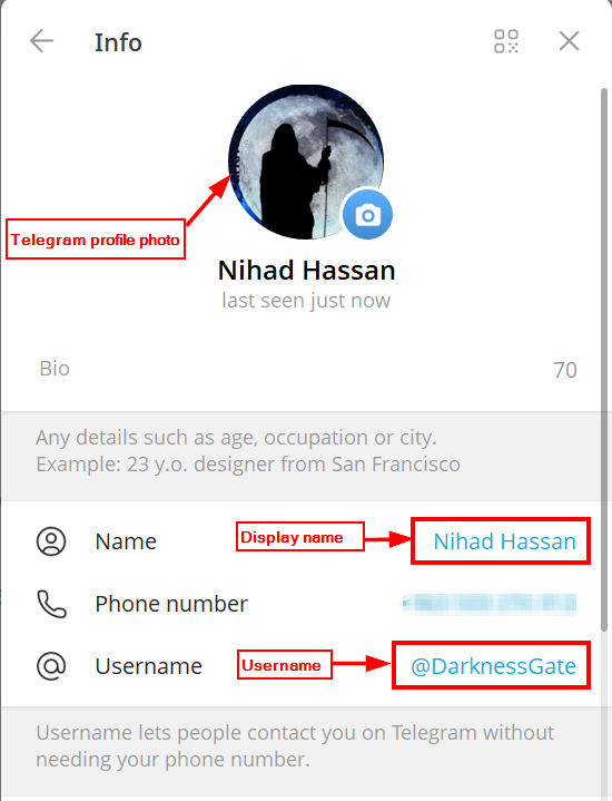 Telegram user profile screen showing a profile photo, display name ‘Nihad Hassan,’ phone number, and username, with labels highlighting each field.