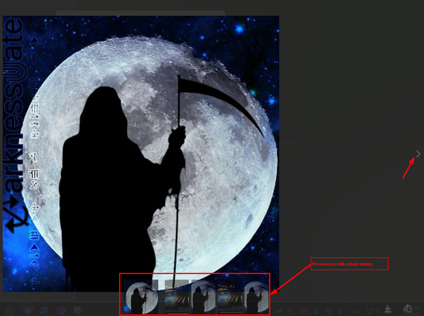 Expanded Telegram profile photo view showing a silhouetted figure with a scythe against a moon, with a row of previous profile images displayed as thumbnails below.