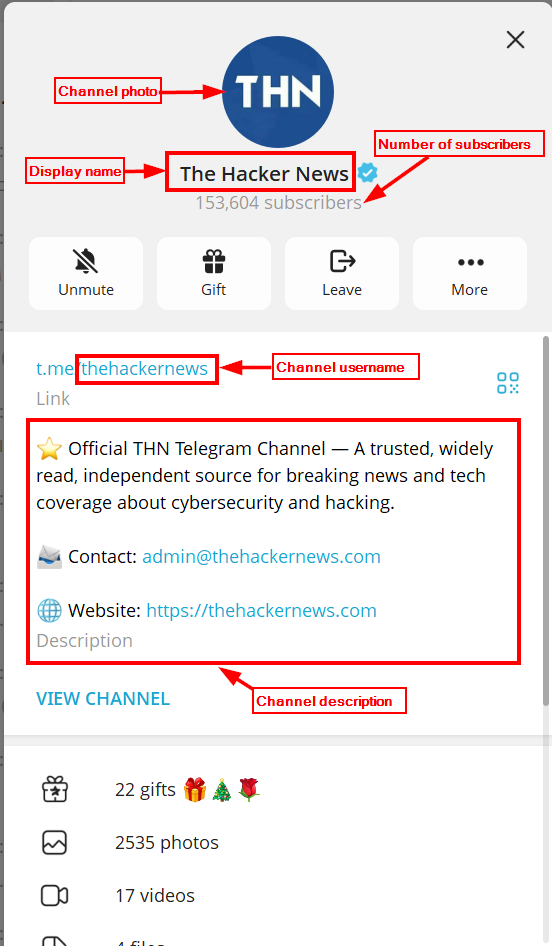 Telegram channel information screen for ‘The Hacker News,’ displaying the channel photo, verified badge, subscriber count, username link, and a description with contact and website details.