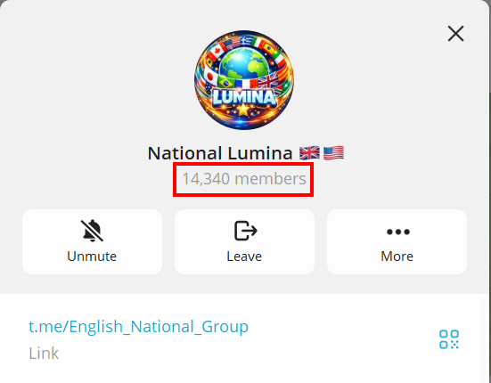 Telegram group info screen for ‘National Lumina’ displaying the group photo, name, and total number of members.