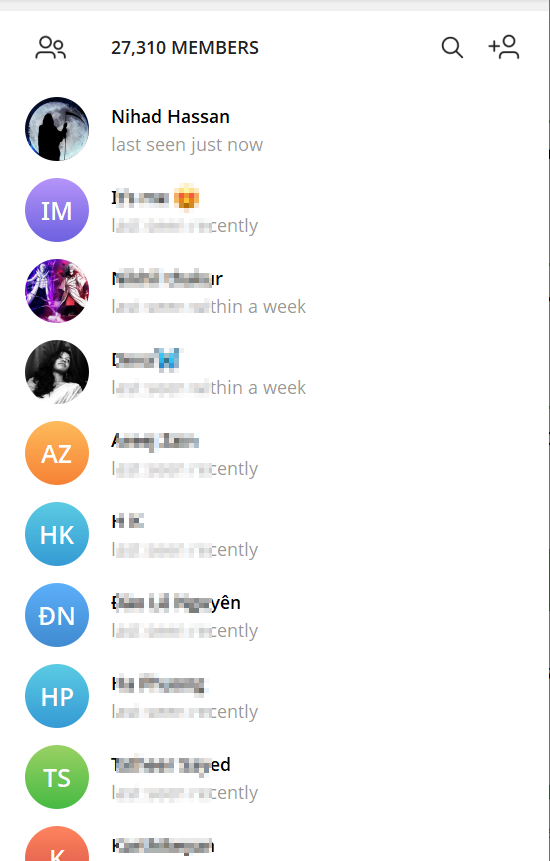 Telegram group member list showing total member count at the top and a scrollable list of users with profile images and last seen statuses.