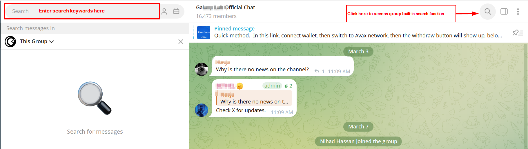 Telegram group chat with the message search interface open, highlighting the search bar and option to search messages within the current group.