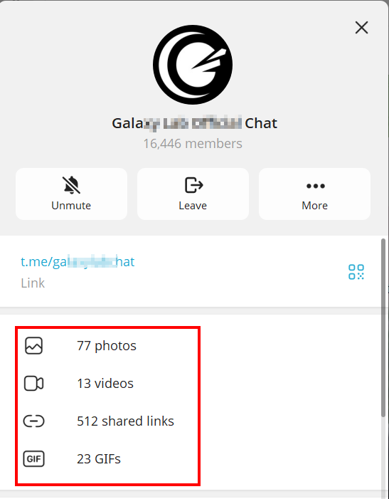 Telegram group info panel showing shared content statistics, including number of photos, videos, links, and GIFs posted in the group.