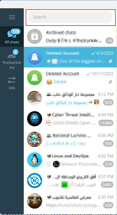 Telegram app interface displaying a list of chats with a search bar at the top, highlighting recent conversations, unread message counts, and timestamps.