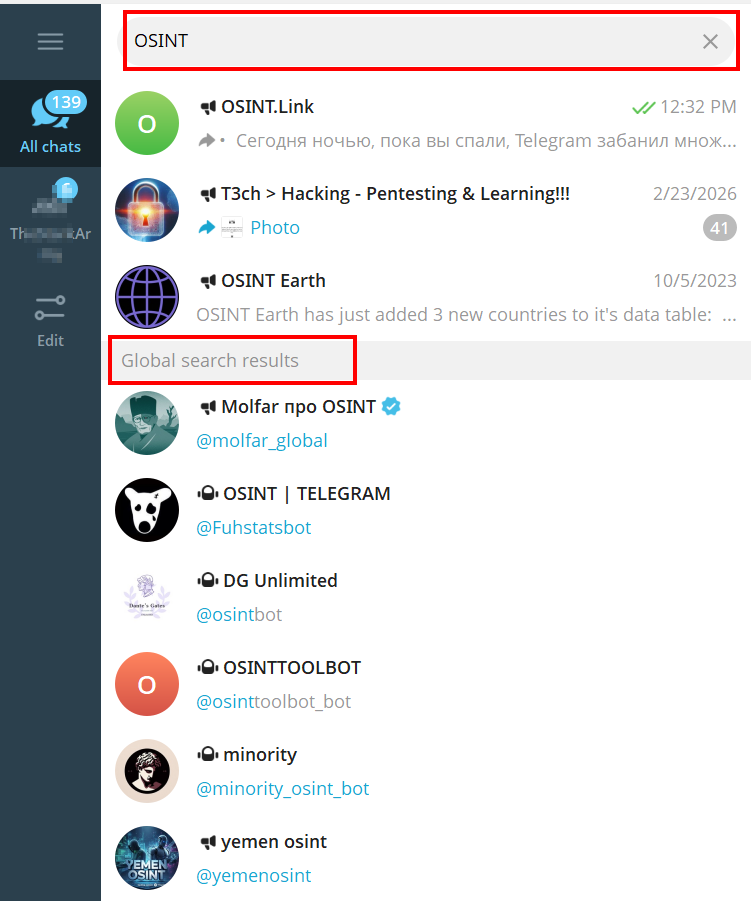 Telegram search results screen showing the query ‘OSINT,’ with a list of matching channels and bots, including a section labeled ‘Global search results.’