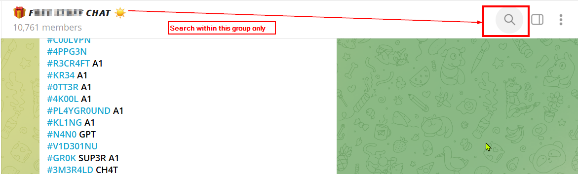 Telegram group chat interface with a highlighted search icon, indicating how to search within a specific group rather than globally.