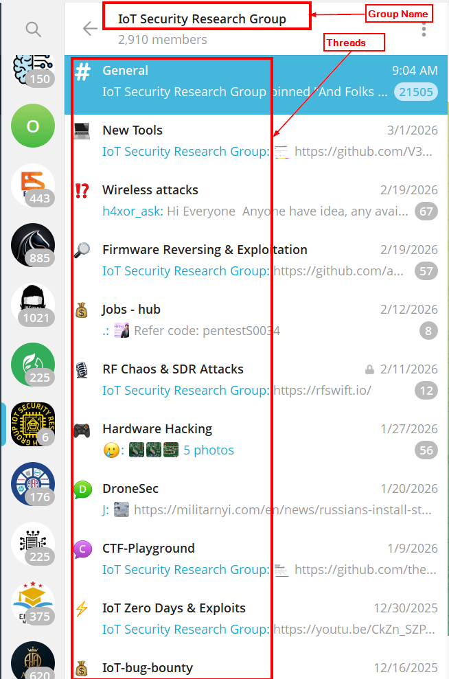 Telegram group titled ‘IoT Security Research Group’ displaying a list of discussion threads such as ‘General,’ ‘Wireless attacks,’ and ‘Firmware Reversing & Exploitation,’ with message counts and timestamps.