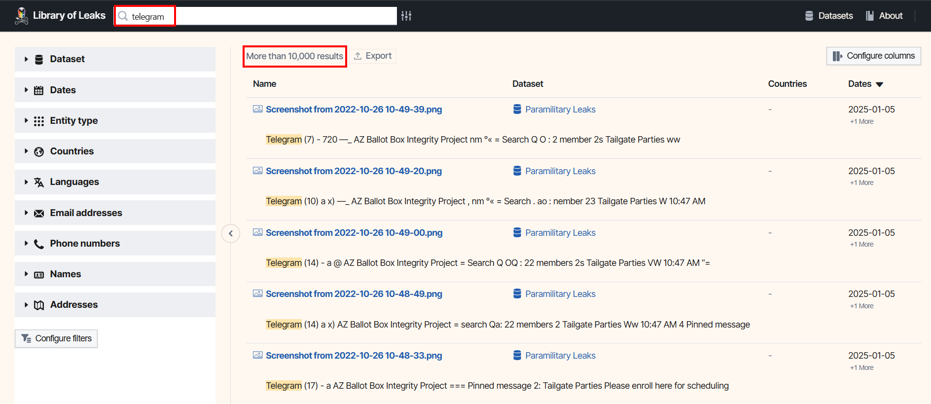 Library of Leaks platform showing search results for ‘telegram,’ including multiple dataset entries, filters on the left sidebar, and an indication of more than 10,000 results.