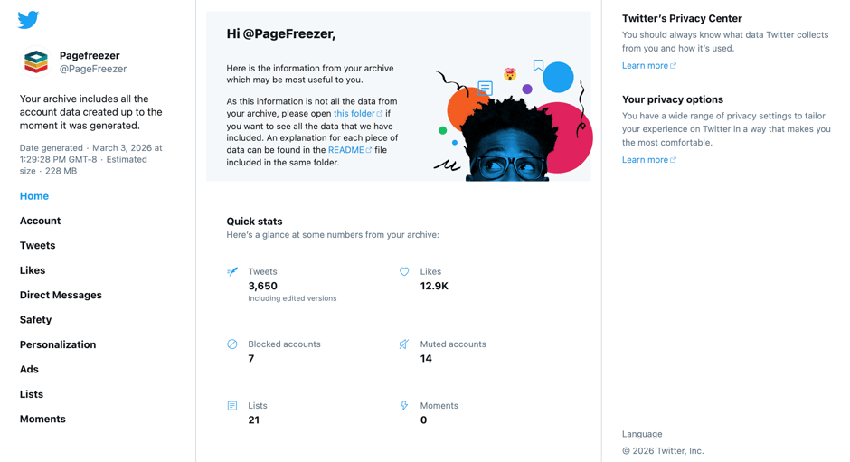 Screenshot of an X (Twitter) archive home page for the account @PageFreezer showing archive details, generation date, file size, and quick stats including total tweets, likes, blocked accounts, muted accounts, and lists.