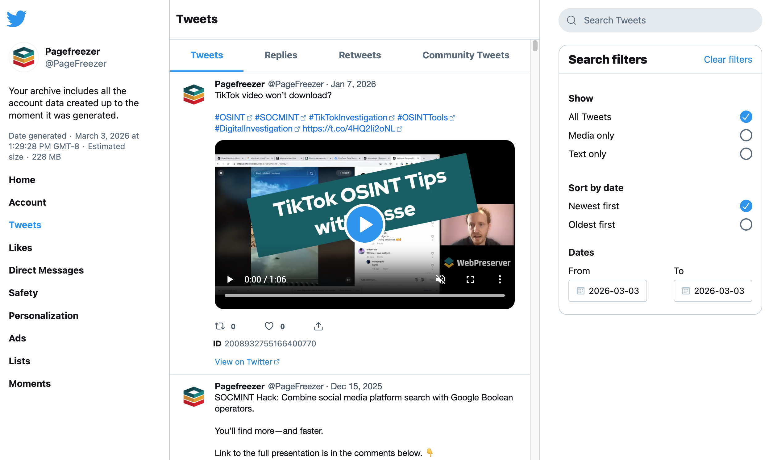 Screenshot of the Tweets section within an X (Twitter) data archive showing a post from @PageFreezer, including tweet text, hashtags, embedded video preview, tweet ID, and search filters on the right-hand side.
