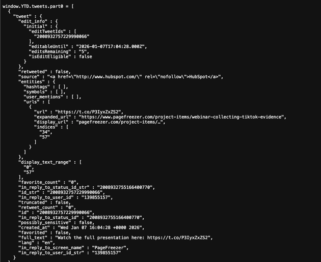 Screenshot of a JavaScript (.js) file from a downloaded X archive showing structured tweet data, including fields such as tweet ID, edit information, timestamps, URLs, reply details, language, and full text content.