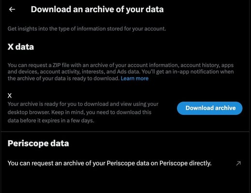 "Download an archive of your data” page in X settings, showing a description of the archive download process and a blue “Download archive” button.