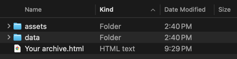 Mac Finder window showing the contents of a downloaded X archive, including folders labeled “assets” and “data,” and an HTML file named “Your archive.html.”