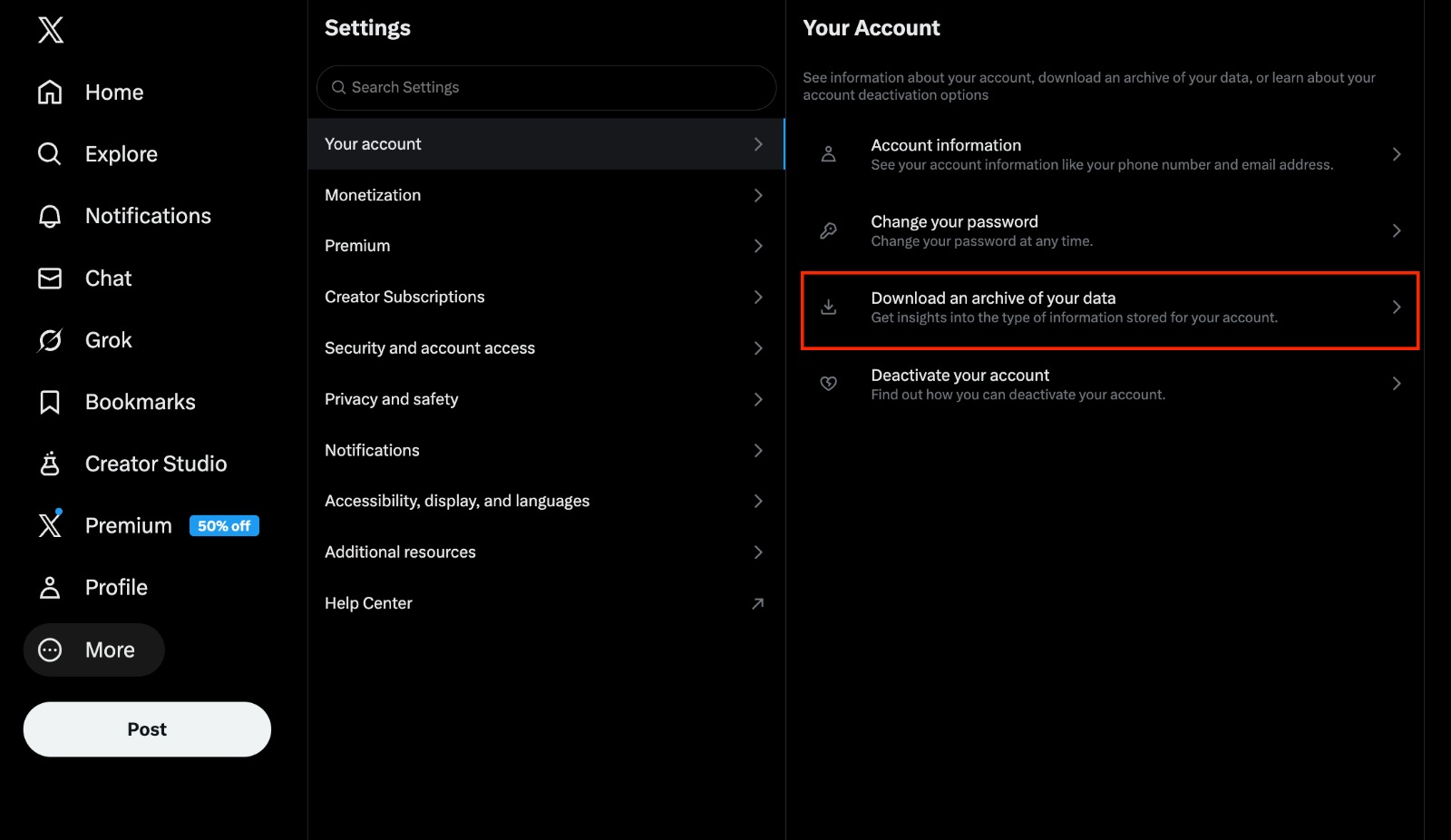 Screenshot of the X navigation menu with the “More” dropdown open, displaying options including Lists, Communities, Business, Ads, Create your Space, and Settings and privacy.
