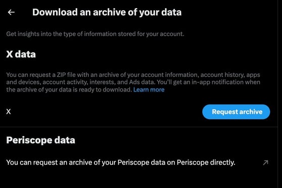 Screenshot of the “Download an archive of your data” page in X settings, showing information about requesting a ZIP file of account data and a blue “Request archive” button.