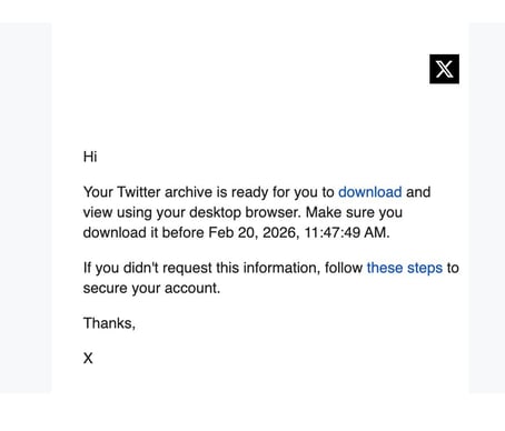 Screenshot of an email from X stating that the Twitter archive is ready to download, including a deadline to download the file before it expires.