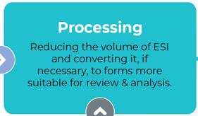 Teal box labeled 'Processing' with the description: 'Reducing the volume of ESI and converting it, if necessary, to forms more suitable for review and analysis.' The box is part of a flowchart, indicated by arrows leading into and out of it.