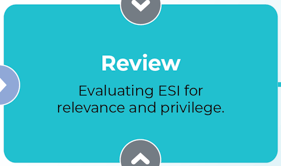 Teal box labeled 'Review' with the description: 'Evaluating ESI for relevance and privilege.' The box is part of a flowchart, indicated by arrows leading into and out of it.