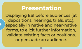 Yellow box labeled 'Presentation' with the description: 'Displaying ESI before audiences (at depositions, hearings, trials, etc.), especially in native and near-native forms, to elicit further information, validate existing facts or positions, or persuade an audience.' The box is part of a flowchart, indicated by arrows leading into and out of it.