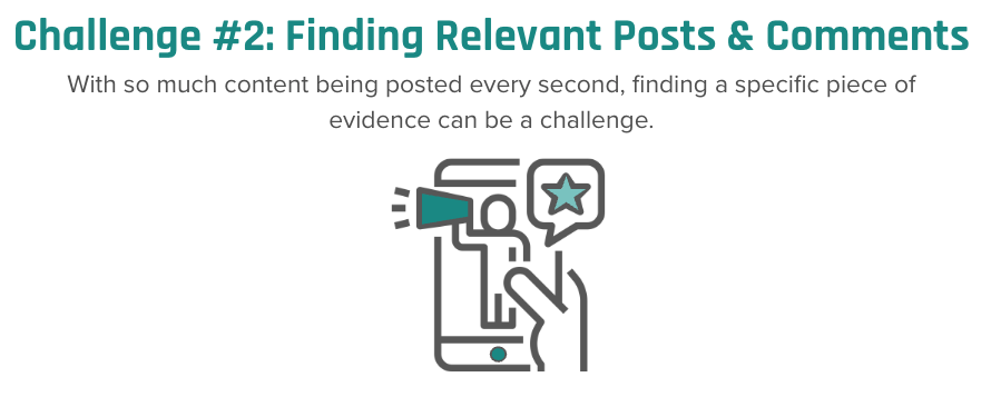 Slide titled “Challenge #2: Finding Relevant Posts & Comments” with supporting text that explains how the volume of content posted online makes it difficult to locate specific evidence. The graphic below shows a smartphone with a figure, a megaphone, and a star in a speech bubble, symbolizing social media interaction.