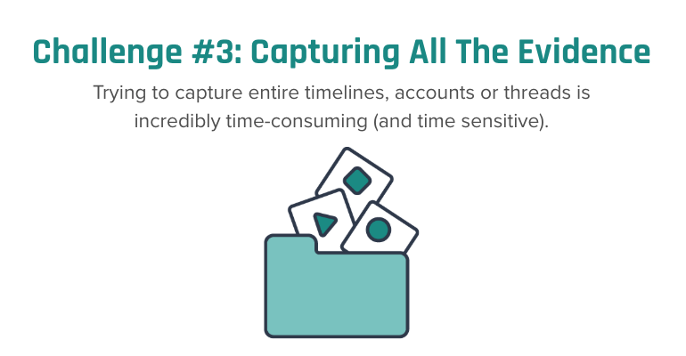 Slide labeled “Challenge #3: Capturing All The Evidence” with text explaining the difficulty of collecting complete timelines or threads due to time constraints. Includes an icon of digital files or media being stored in a folder.