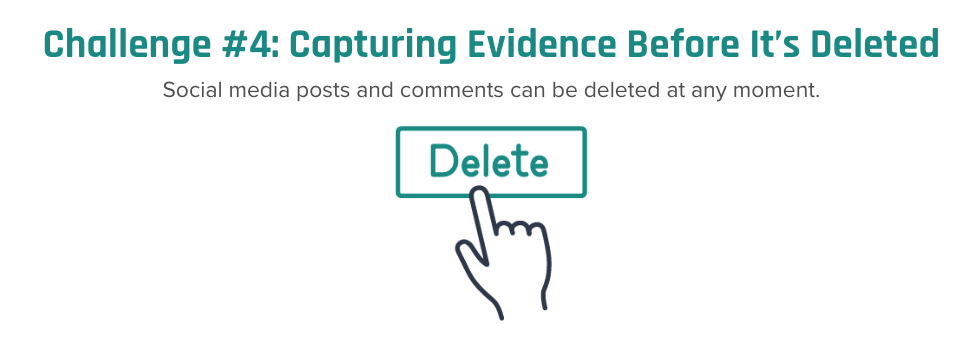 Slide labeled “Challenge #4: Capturing Evidence Before It’s Deleted” with text warning that posts and comments can be deleted at any time. Includes a graphic of a cursor clicking a “Delete” button.