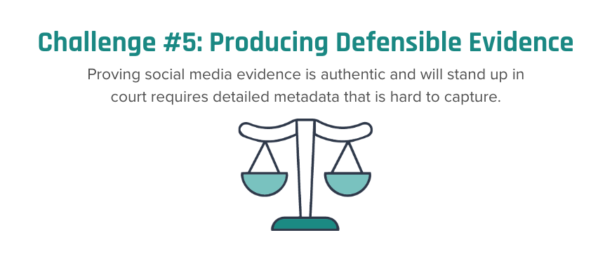 Slide labeled “Challenge #5: Producing Defensible Evidence” with supporting text noting that authentic social media evidence must include hard-to-capture metadata to be admissible in court. Includes an icon of a balanced scale.