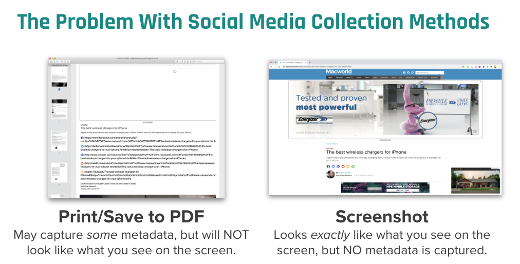 Comparison of two browser screenshots labeled “Print/Save to PDF” and “Screenshot.” Text below explains that PDF may capture some metadata but alters appearance, while screenshots preserve appearance but capture no metadata.