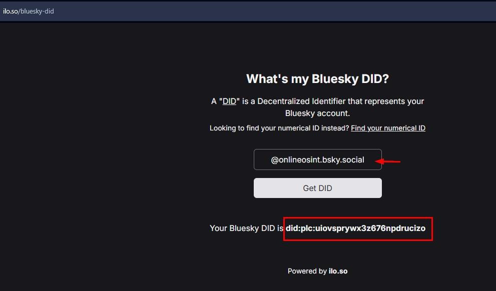 Screenshot from ilo.so titled “What’s my Bluesky DID?” showing a form where the handle @onlineosint.bsky.social is entered to generate a DID. The resulting Bluesky DID displayed below is did:plc:uiovsprywx3z676npdrucizo. Text explains that a DID is a decentralized identifier representing a Bluesky account.