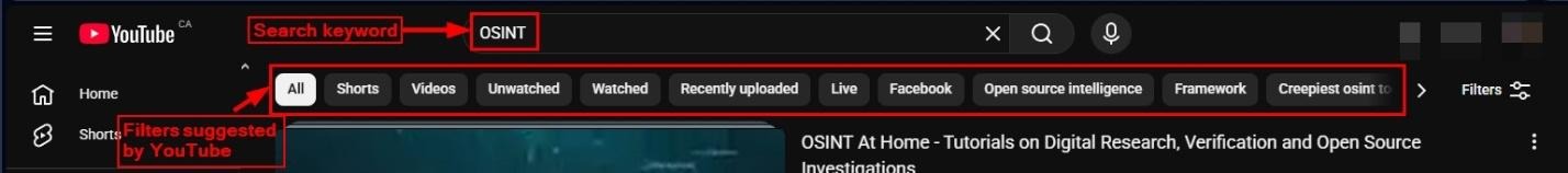 YouTube search results page showing the keyword “OSINT” entered in the search bar, with suggested filter tabs like All, Shorts, Videos, and Live highlighted.