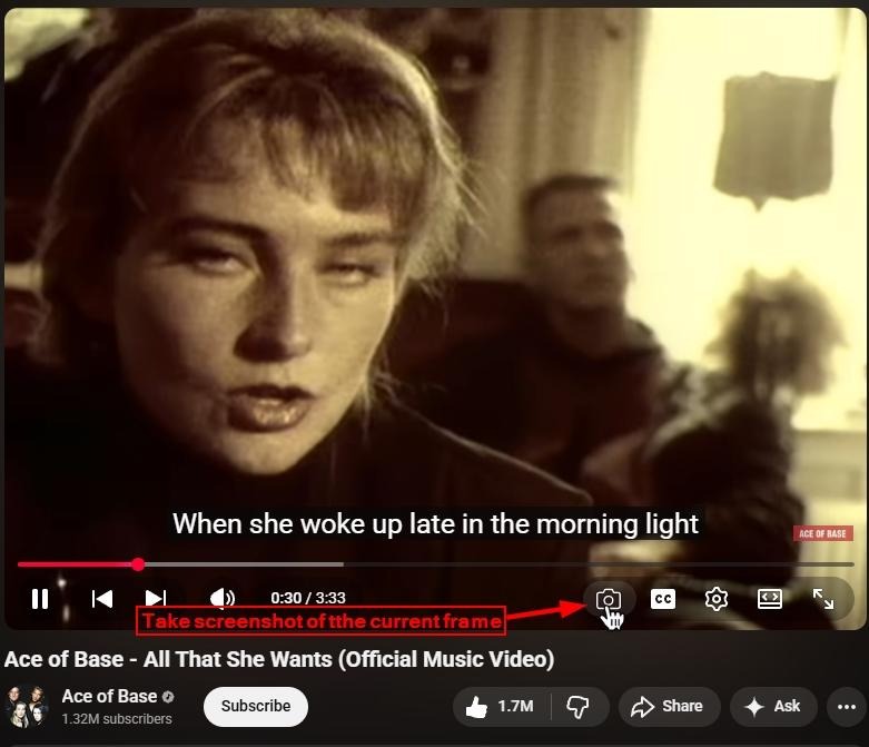 YouTube video player paused on a music video, with captions enabled and the “take screenshot of current frame” camera icon highlighted.