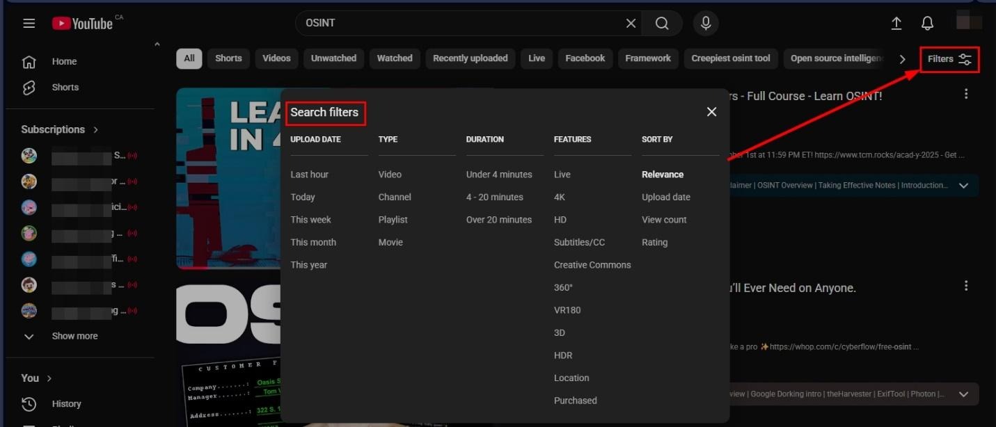 YouTube search filters panel open, displaying options for upload date, type, duration, features, and sort order.