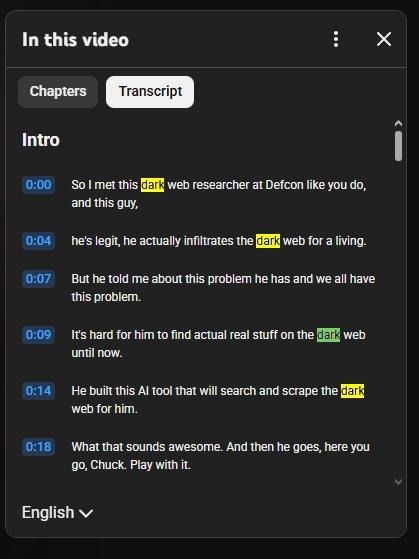 Expanded YouTube transcript panel showing timestamped captions, with the words “dark” highlighted multiple times.