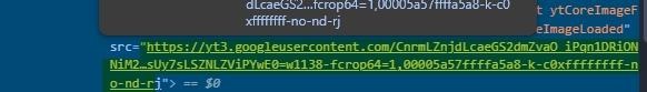 Browser developer tools view displaying HTML code with a highlighted image source URL from YouTube’s image server.