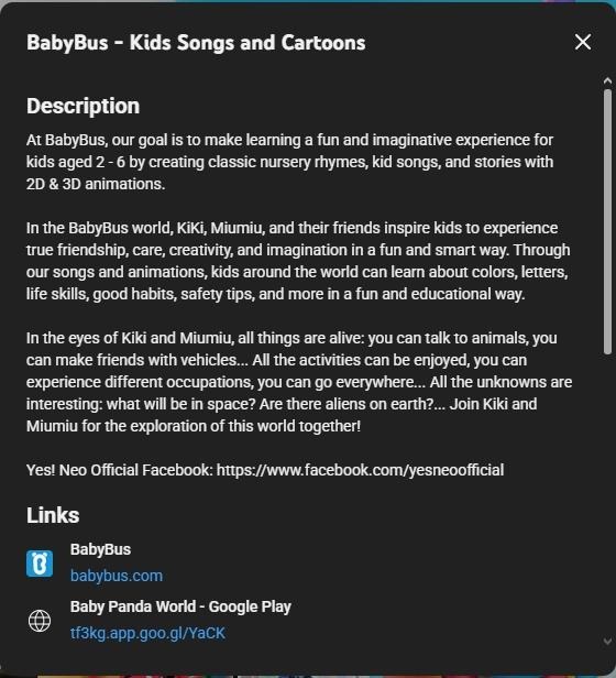 YouTube channel description popup for BabyBus, showing a detailed text description and external links.