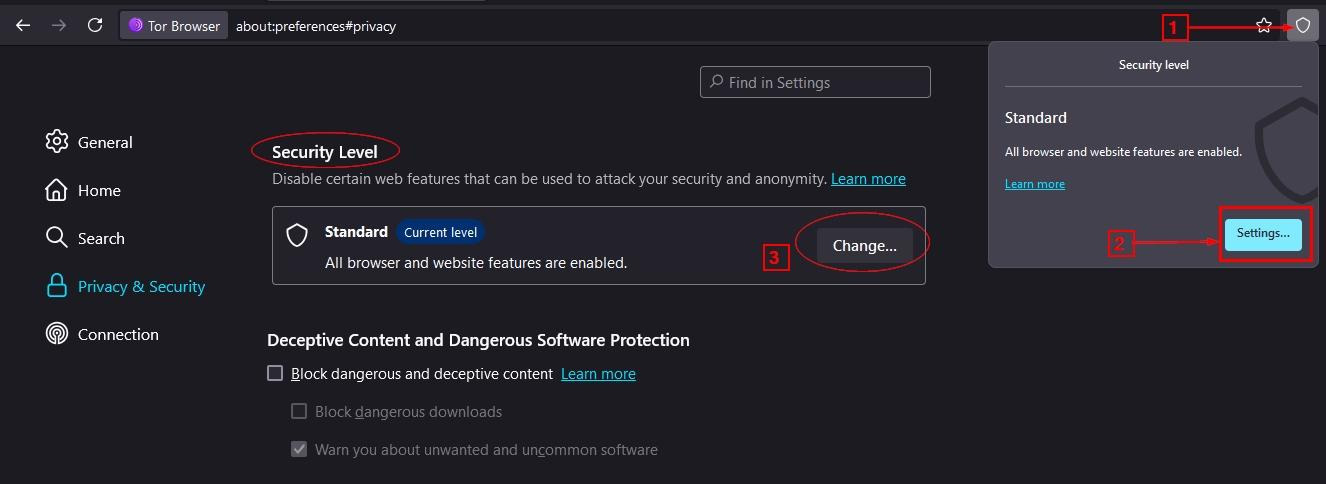 Tor Browser privacy and security settings screen highlighting the security level and settings options.