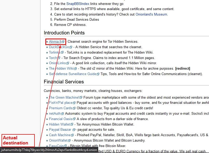 Hidden Wiki webpage showing a list of onion links with an example highlighting how displayed links differ from actual destinations.