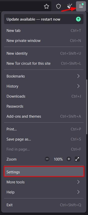 Tor Browser main menu open with settings and privacy options visible.