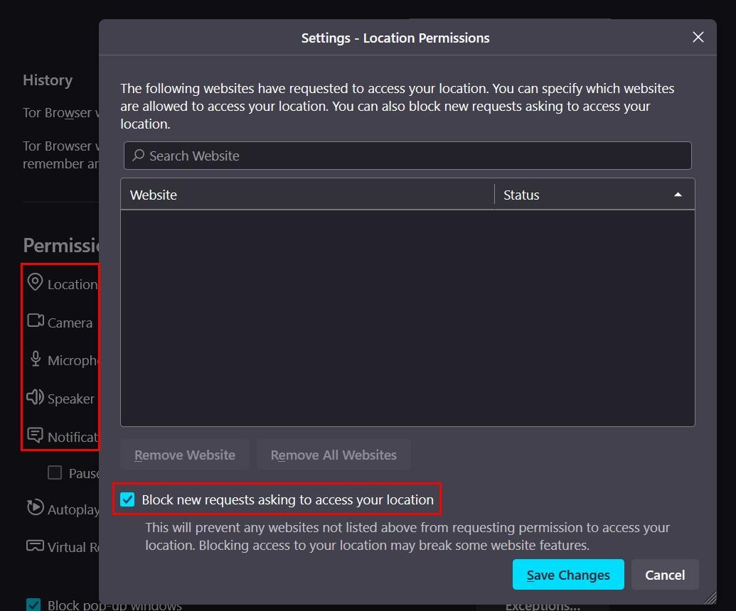 Tor Browser location permissions settings showing the option to block websites from requesting location access.