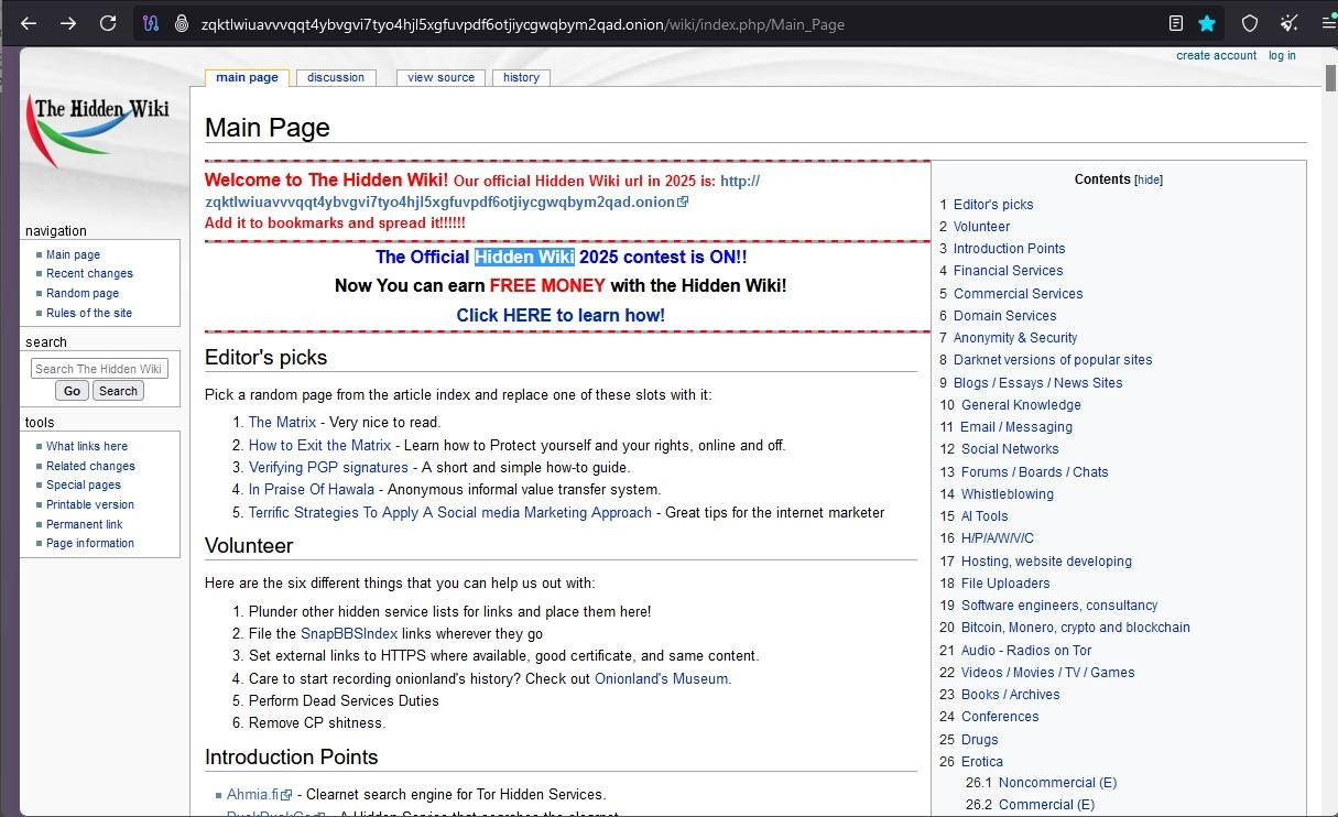 The Hidden Wiki main page displayed in Tor Browser, listing categories and links to onion services.