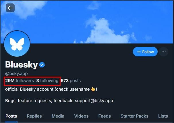 Screenshot of the official Bluesky account profile (@bsky.app) showing 29 million followers, 3 following, and 673 posts. The account is verified with a blue checkmark and includes a note about feature requests and feedback at support@bsky.app. The sky-blue banner and butterfly logo are visible at the top.