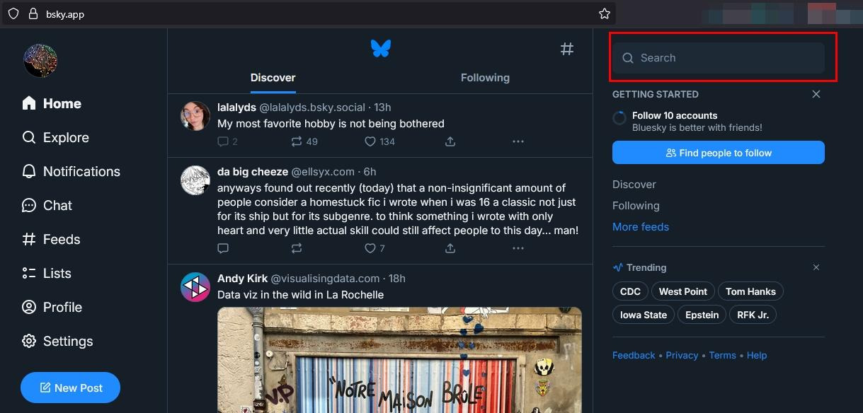 Screenshot of the Bluesky home feed interface on desktop. The Discover tab shows posts from users, including @lalalyds.bsky.social and @ellysyx.com. The left menu includes navigation options (Home, Explore, Notifications, Chat, Feeds, Lists), and the right sidebar contains a search bar and trending topics like “CDC,” “West Point,” and “RFK Jr.”