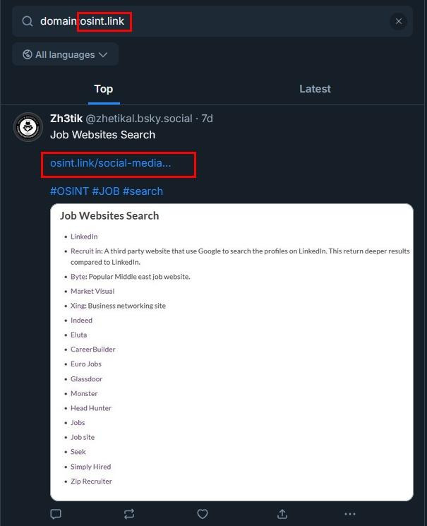 Screenshot of a Bluesky search results page showing the query domain:osint.link. The top result is a post by @zhetikal.bsky.social titled “Job Websites Search,” which includes a link to “osint.link/social-media…” and a bulleted list of job search sites such as LinkedIn, Indeed, and Glassdoor.