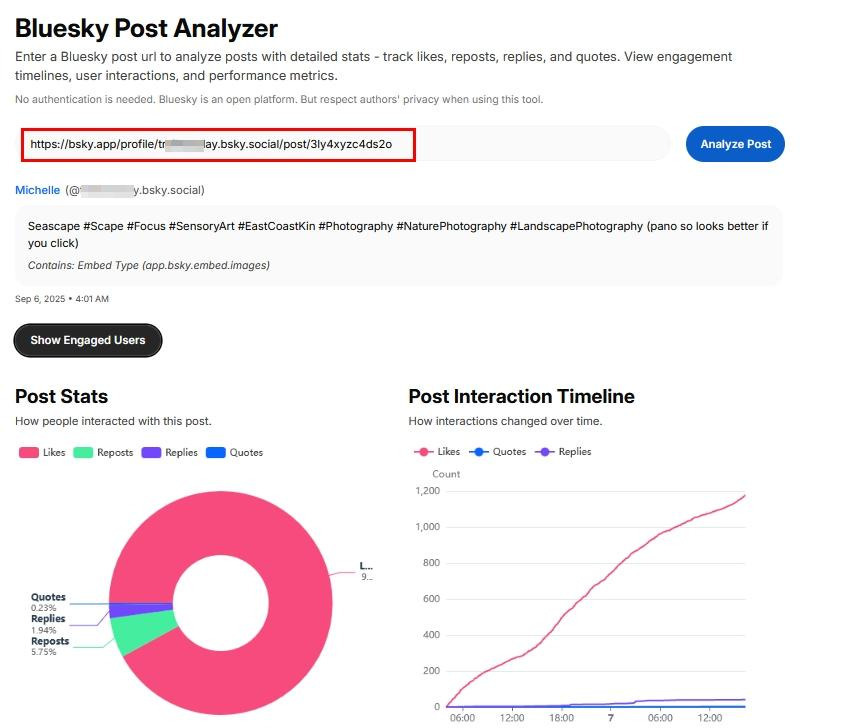 Screenshot of a “Bluesky Post Analyzer” web tool displaying analytics for a specific Bluesky post. The analyzed post URL (bsky.app/profile/.../post/3ly4xyzc4ds2o) is highlighted. Below, graphs show post engagement data — a donut chart of likes, reposts, replies, and quotes, and a line graph tracking interaction growth over time.