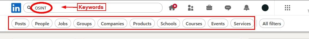 Screenshot of a LinkedIn search bar with the keyword 'OSINT' typed in. Below the search bar are filter buttons including Posts, People, Jobs, Groups, Companies, Products, Schools, Courses, Events, and Services.