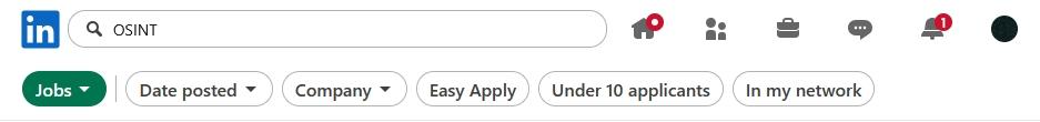 Screenshot of LinkedIn job search filters after searching for 'OSINT.' Filter options shown include Jobs, Date posted, Company, Easy Apply, Under 10 applicants, and In my network.