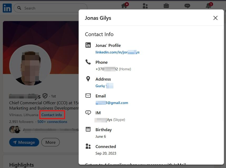 LinkedIn profile contact info pop-up for a person. Information displayed includes profile URL, phone number, address, email, Skype username, birthday, and connection date. Personal details are partially blurred.