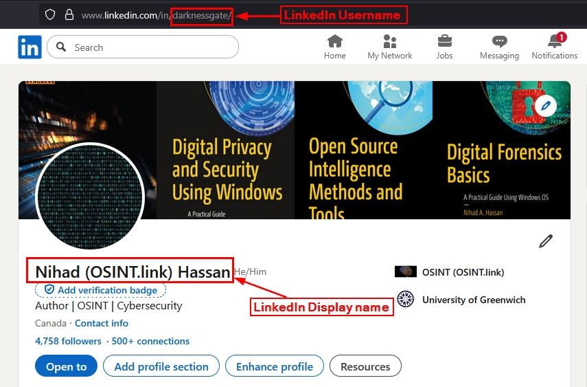 LinkedIn profile of Nihad (OSINT.link) Hassan. The profile shows the username “darknessgate” in the URL, display name “Nihad (OSINT.link) Hassan,” pronouns, and profile details such as author and cybersecurity professional.