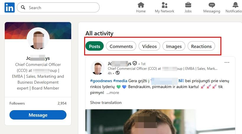 Screenshot of the “All activity” section on a LinkedIn profile. Filter options at the top include Posts, Comments, Videos, Images, and Reactions. A recent post is visible with blurred details.